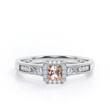 Infinity Milgrain - 1.15 Carat Princess Cut Morganite and diamond - Petite Pave Channel - Halo Engagement Ring in White Gold