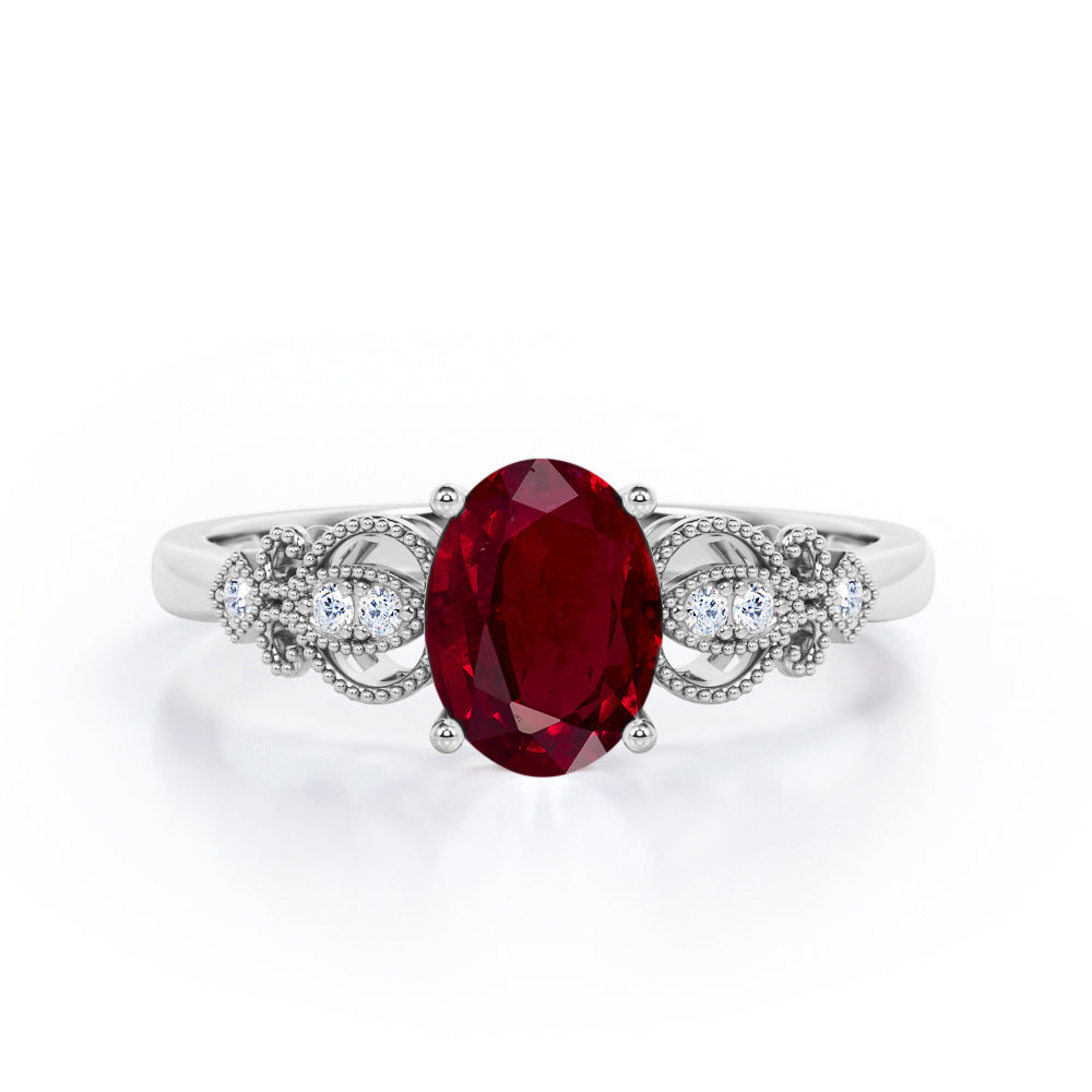 Swirly 0.5 carat Oval Lab Ruby and Diamonds Antique Engagement Ring in Rose Gold