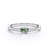 Baguette Shape Band with 0.7 carat Round Dendritic Moss Agate Engagement Ring in White Gold