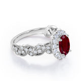 Milgrain Leaf 0.9 carat Oval Lab Ruby and Diamonds Nature-Inspired Engagement Ring in White Gold