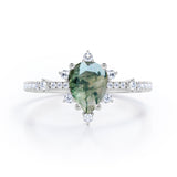 Pave 0.7 Carat Pear Moss Agate Engagement Ring