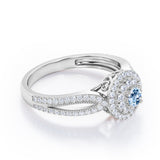 Double Halo Cluster 1.8 Carat Round-Shaped Aquamarine Split-Shaked Milgrain Pave Engagement Ring in White Gold