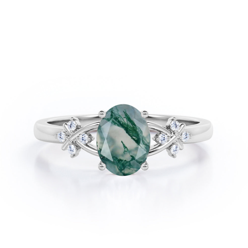 Luxurious Clover Lucky Leaf 0.5 carat Oval Moss Green Agate and Diamond Engagement Ring in Rose Gold