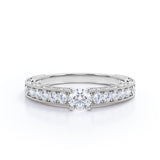 Lovely Dainty Flower 0.6 carat Round Moissanite and Diamond Engagement Ring in white Gold
