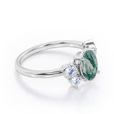 Unique 1 carat Oval Five Stone Ring With Petite Moss Green Agate and Diamond in White Gold