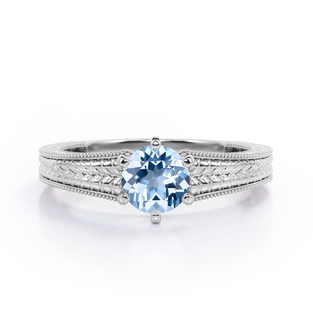 Vintage Bowtie Filigree 1 carat Round Aquamarine Solitaire Engagement Ring in Rose Gold