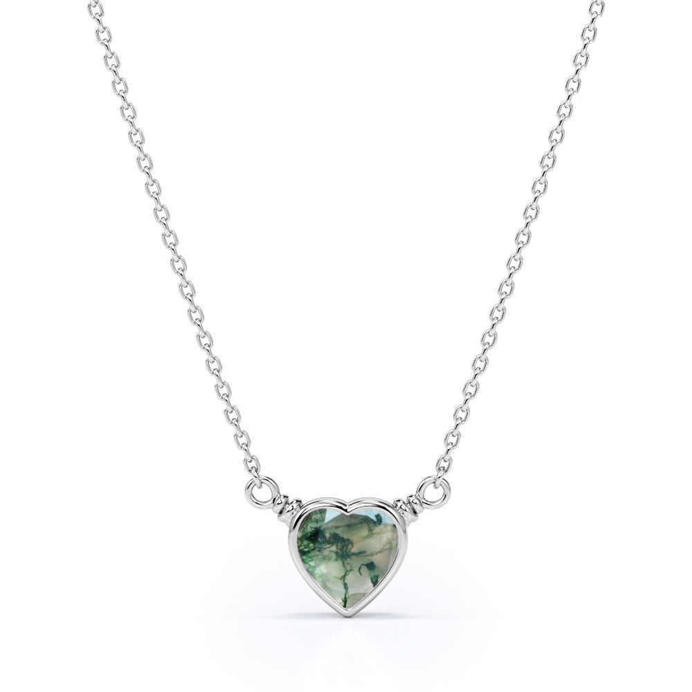 Solitaire Heart 0.5 carat Moss Agate Bezel Pendant in White Gold Necklace
