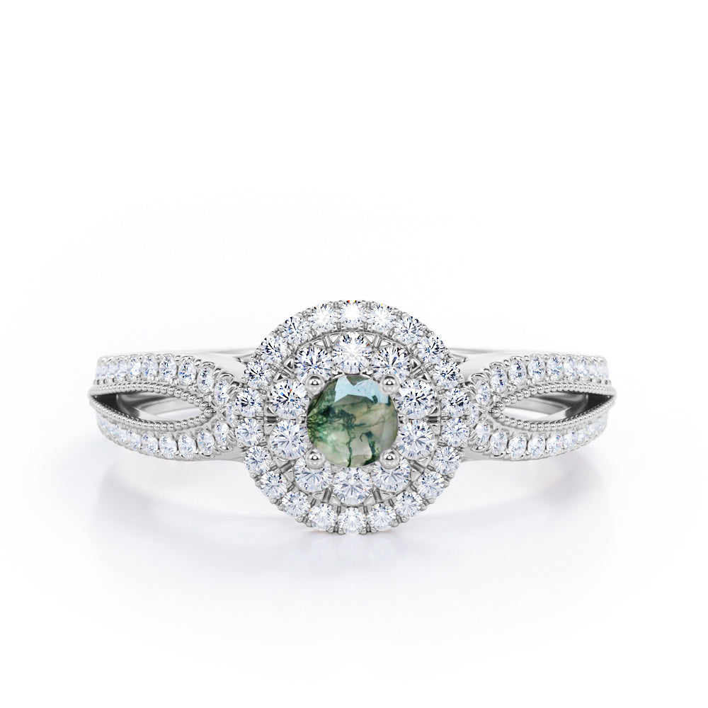 Double Halo Cluster 1.8 Carat Round-Shaped Green Moss Agate and diamond Split-Shaked Milgrain Pave Engagement Ring in Rose Gold