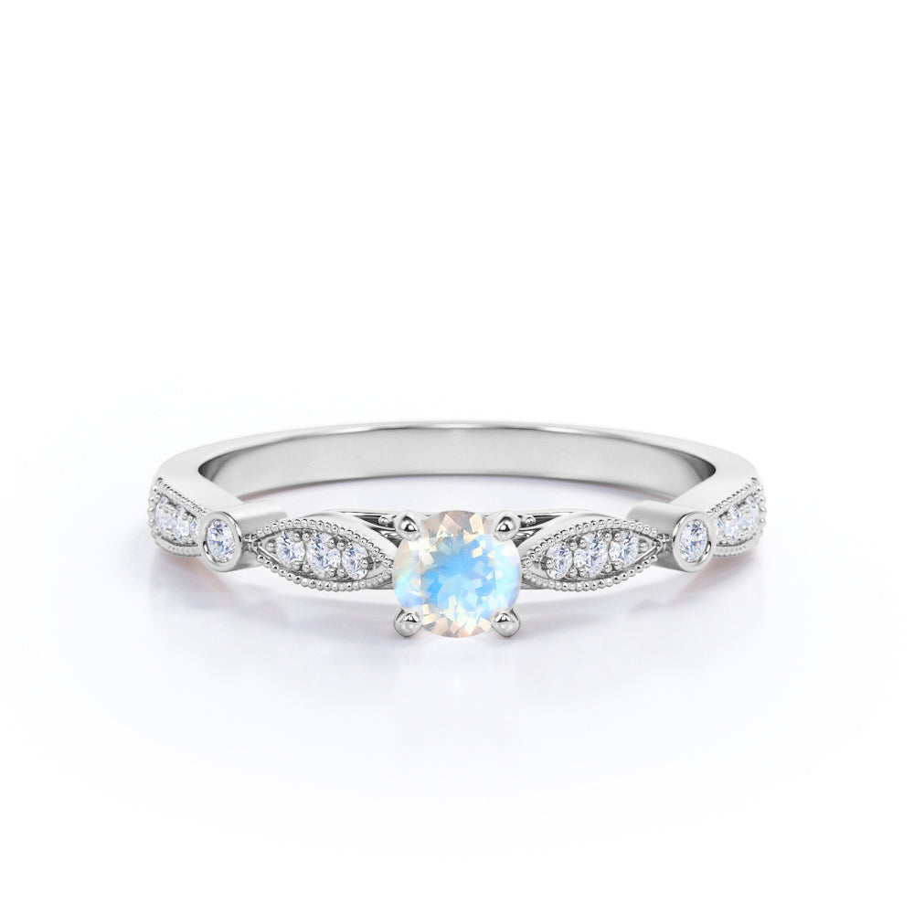 Decorative Cathedral 0.6 carat Round Moonstone and Moissanite Engagement Ring in Rose Gold