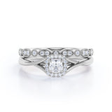 Woman's Choice 1 carat Cushion Moissanite and Diamond Halo Bridal Ring set in White Gold