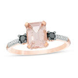 2 Carat Morganite With Black And White Diamond Trilogy Engagement Ring On 18K Rose Gold Over Sterling Silver