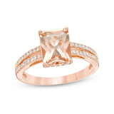 2 Carat Emerald Cut Morganite and Moissanite Classic Peach Pink Wedding Set On 18K Rose Gold Over Silver