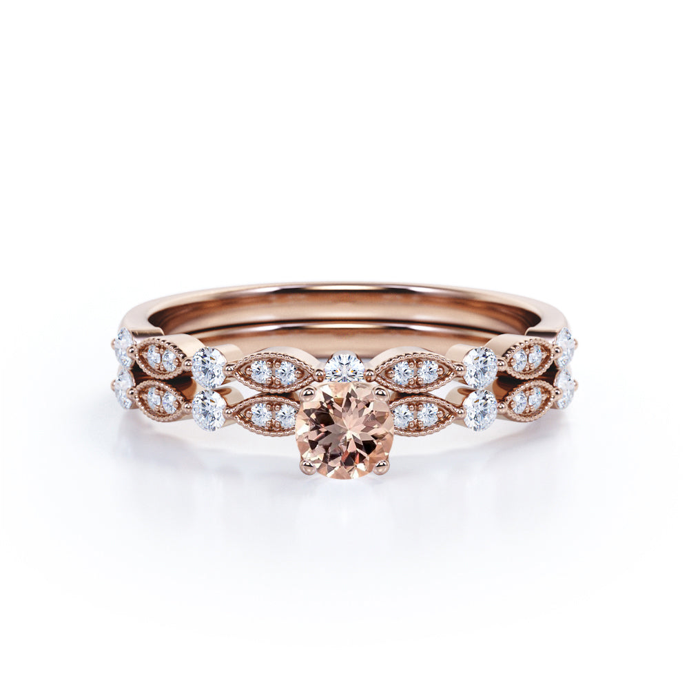 Romantic Milgrain Décor 0.75 carat Round Peach Pink Morganite and Moissanite Bridal Ring Set in White Gold