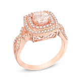 2 Carat Round Brilliant Morganite and Moissanite Double Halo Engagement Ring On 18K Rose Gold Over Silver
