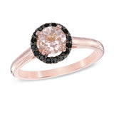 1.25 Carat Round Cut Morganite And Black Diamond Halo Engagement Ring On 18K Rose Gold Over Silver
