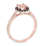 1.25 Carat Round Cut Morganite And Black Diamond Halo Engagement Ring On 18K Rose Gold Over Silver
