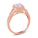 1.25 Carat Cushion Cut Morganite and Moissanite Halo Engagement Ring On 18K Rose Gold Over Silver