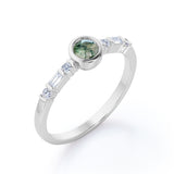 Elegant 7 Stone Ring 0.6 carat Round Moss Agate and Moissanite Bezel Engagement Ring in White Gold