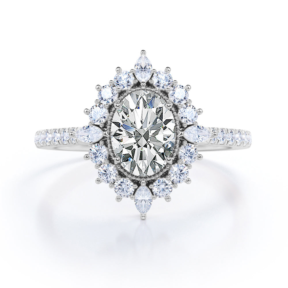 Enchanted Classic Milgrain Halo 0.8 carat Oval Moissanite and Diamond Engagement Ring in Black Gold