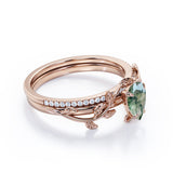Leaf Inspired 1.25 Ct Pear Cut Moss Agate Wedding Ring Set