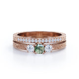 Handmade Antique 1 carat Round Moss Agate and Moissanite 3 Stones Bridal Ring Set in White Gold