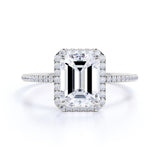 Pave Set 1.5 Carat Emerald Moissanite Halo Engagement Ring