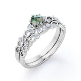 Dendritic 0.6 carat Round Moss Agate Crystal and Moissanite Swirly Wedding Ring Set in White Gold