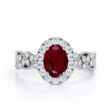 Milgrain Leaf 0.9 carat Oval Lab Ruby and Diamonds Nature-Inspired Engagement Ring in White Gold
