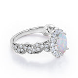 Milgrain Leaf 0.9 carat Oval Opal and Diamonds Nature-Inspired Engagement Ring in White Gold